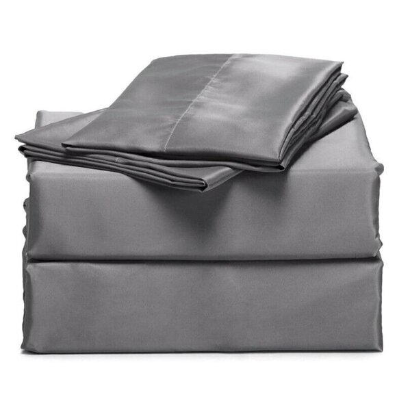 Bedsure 4-Pieces Satin Bed Sheet Set King Dark Gray Smooth and Silky Deep Pocket - Picture 2 of 5